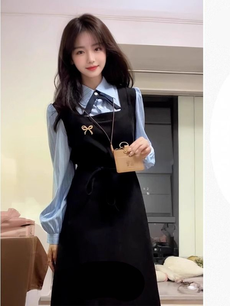 Korean Style A Line Shirt Dress - Gaun Kemeja Gaya Kampus Hitam Elegan,