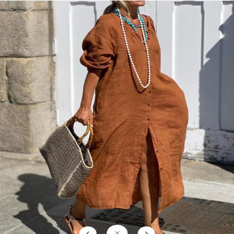 Casual Loose Linen Shirt Dress - Gaun Linen Katun Musim Semi Elegan