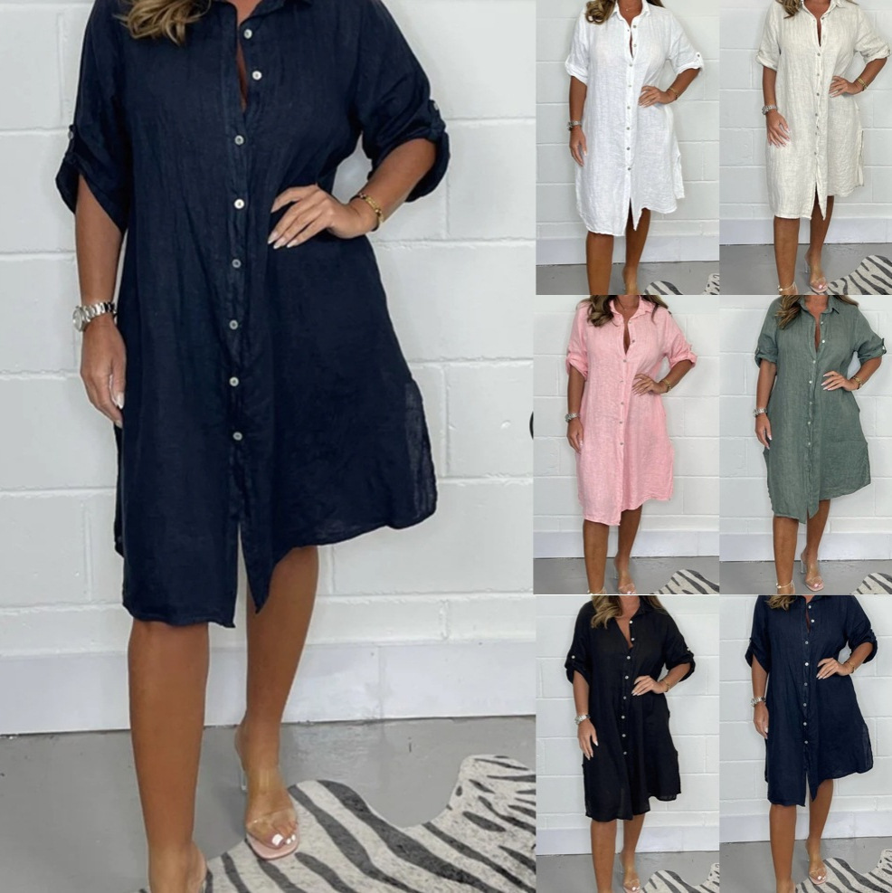 Casual Loose Linen Shirt Dress - Gaun kemeja lengan 3/4 berbahan linen