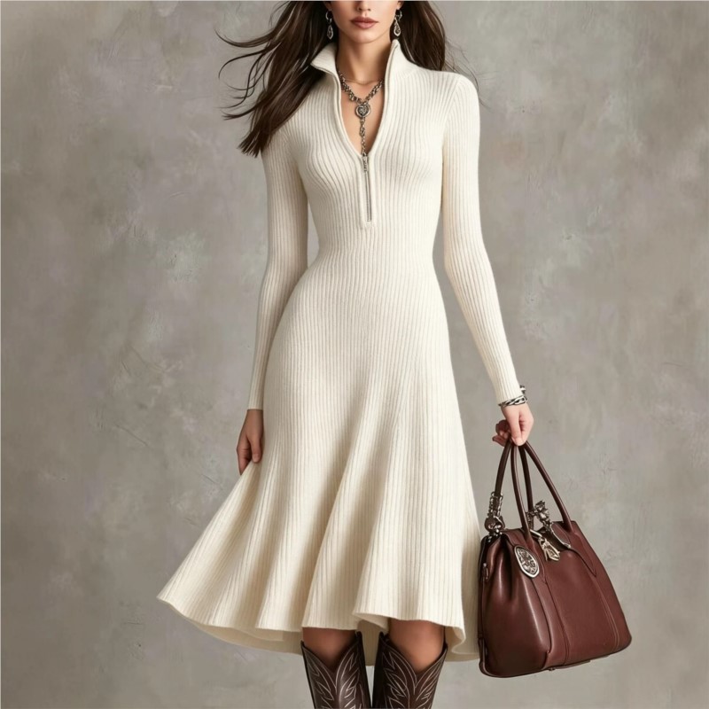 Bodycon Long Sleeve Ribbed Dress - Gaun Midi Rajut Bergaris untuk Wanita,