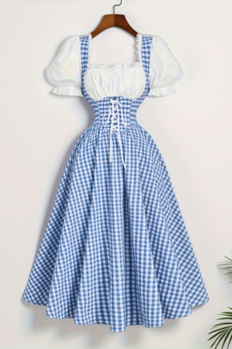French Vintage Floral Midi Dress - Gaun Wanita Model Tali Pinggang dengan