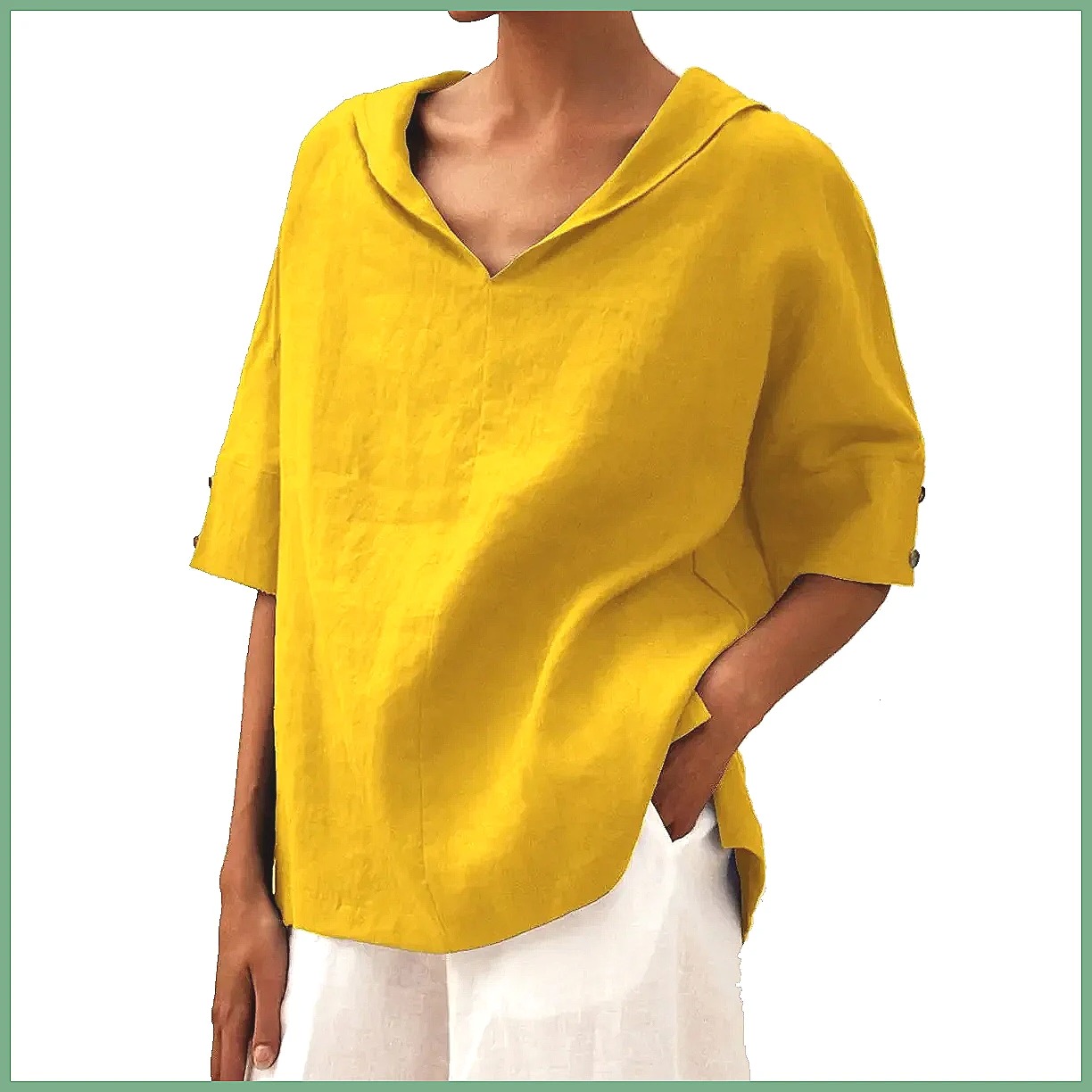Blouses - Kemeja Linen Katun Kerah V Longgar
