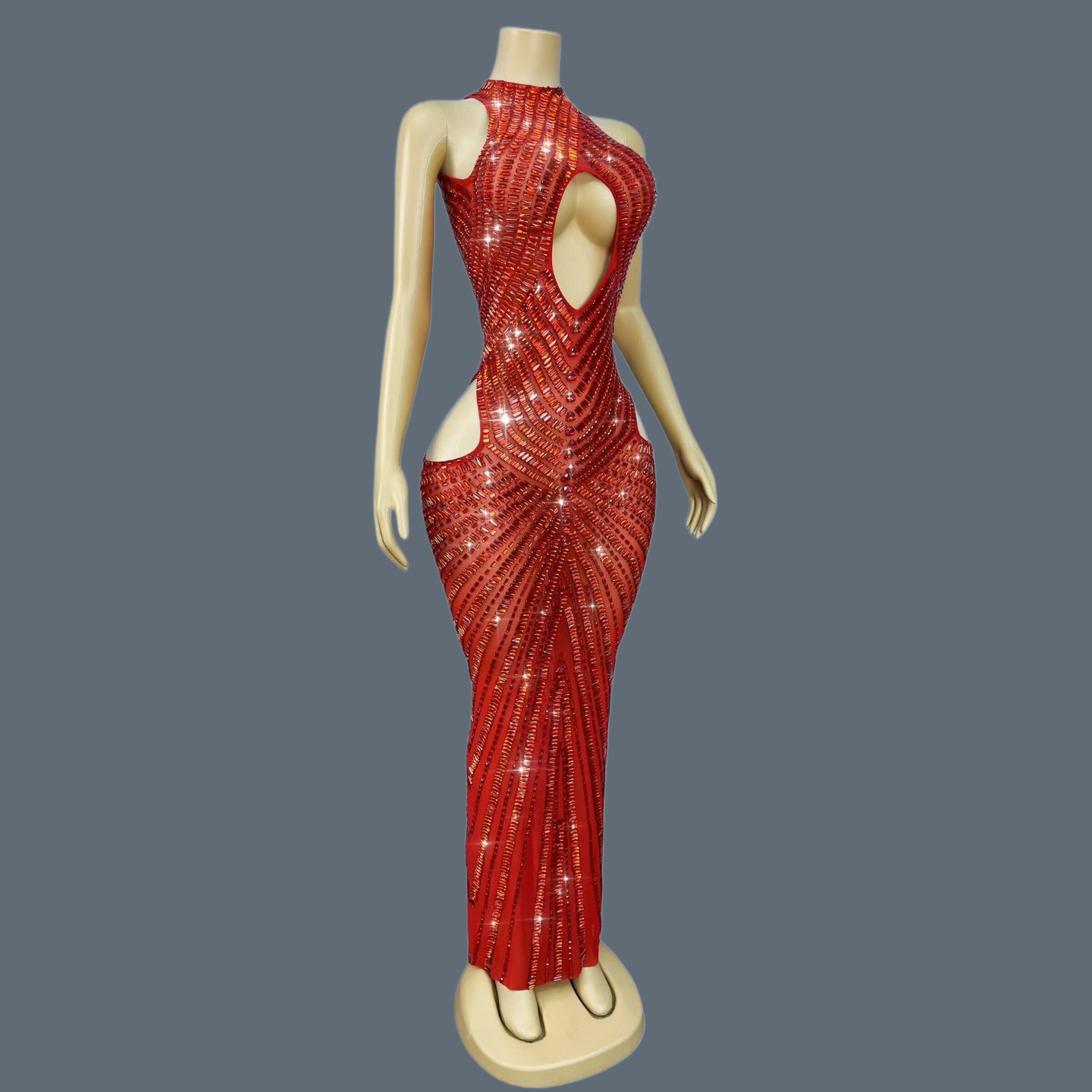 Sparkly Rhinestone Club Party Dress - Gaun Mermaid Mewah Berwarna Merah dengan