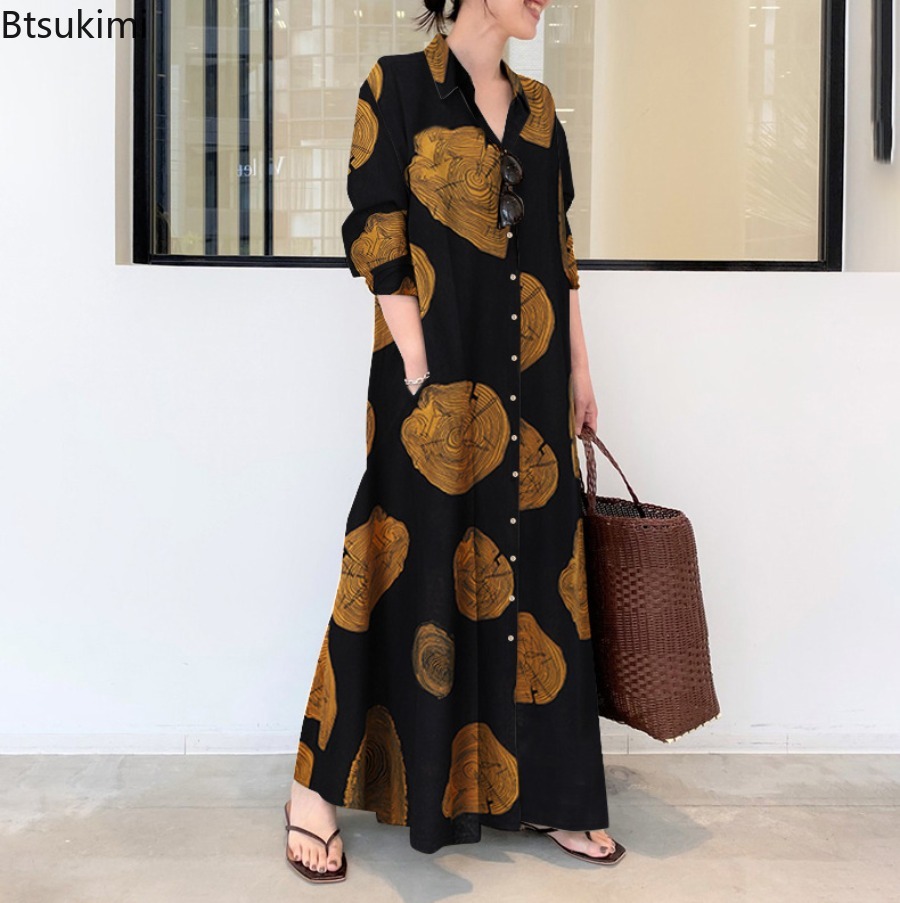 Gaun Wanita 2026, Gaun Maxi Ka - Casual Loose Linen Shirt Dress ulasan dan harga