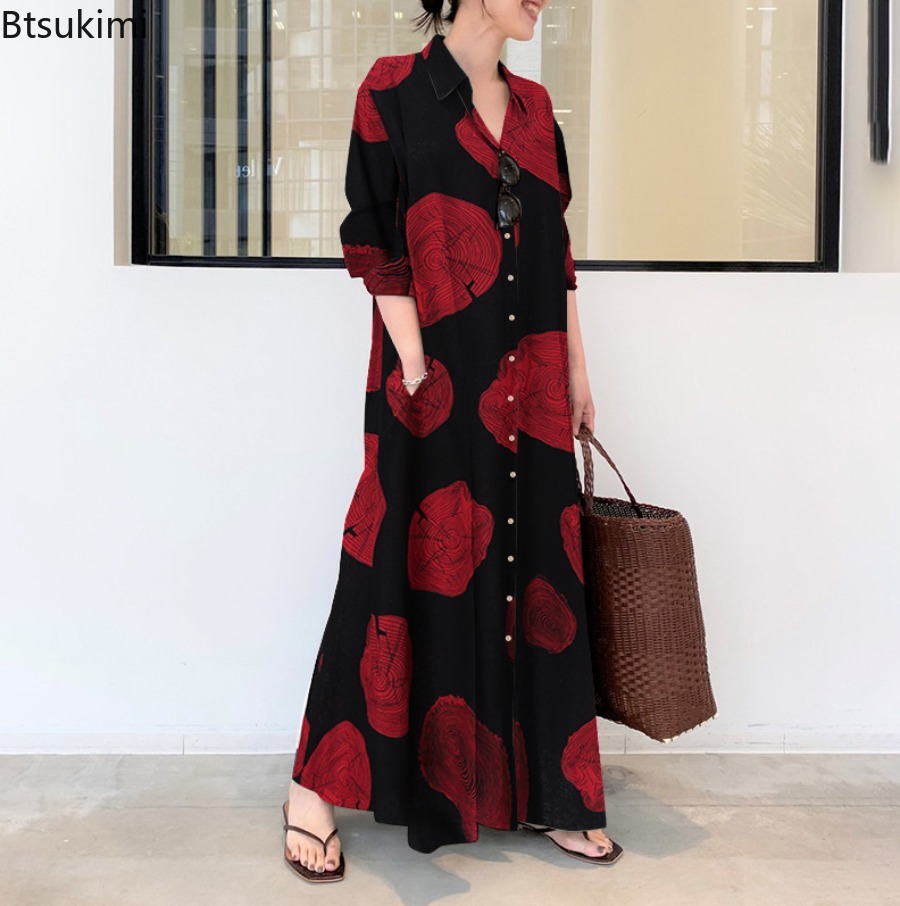 Gaun Wanita 2026, Gaun Maxi Ka - Casual Loose Linen Shirt Dress ulasan dan harga