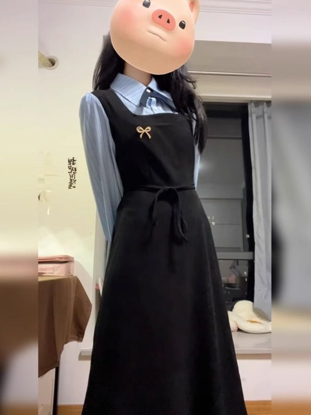 Gaun Kemeja Gaya Kampus Hitam  - Korean Style A Line Shirt Dress ulasan dan harga