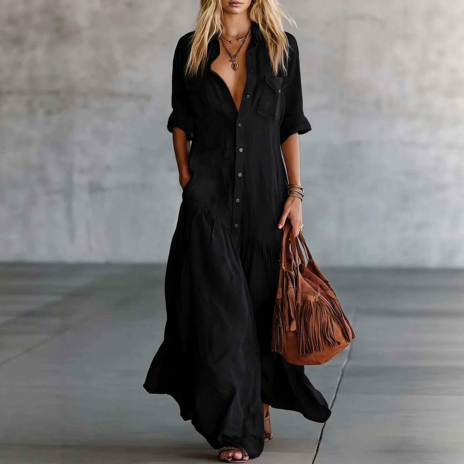 Gaun Kemeja Maxi Wanita Musim  - Casual Loose Linen Shirt Dress ulasan dan harga