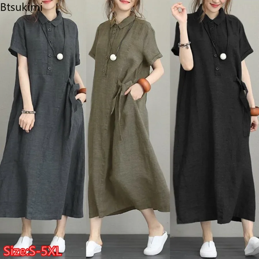 Gaun Musim Panas 2026 Sederhan - Casual Loose Linen Shirt Dress ulasan dan harga