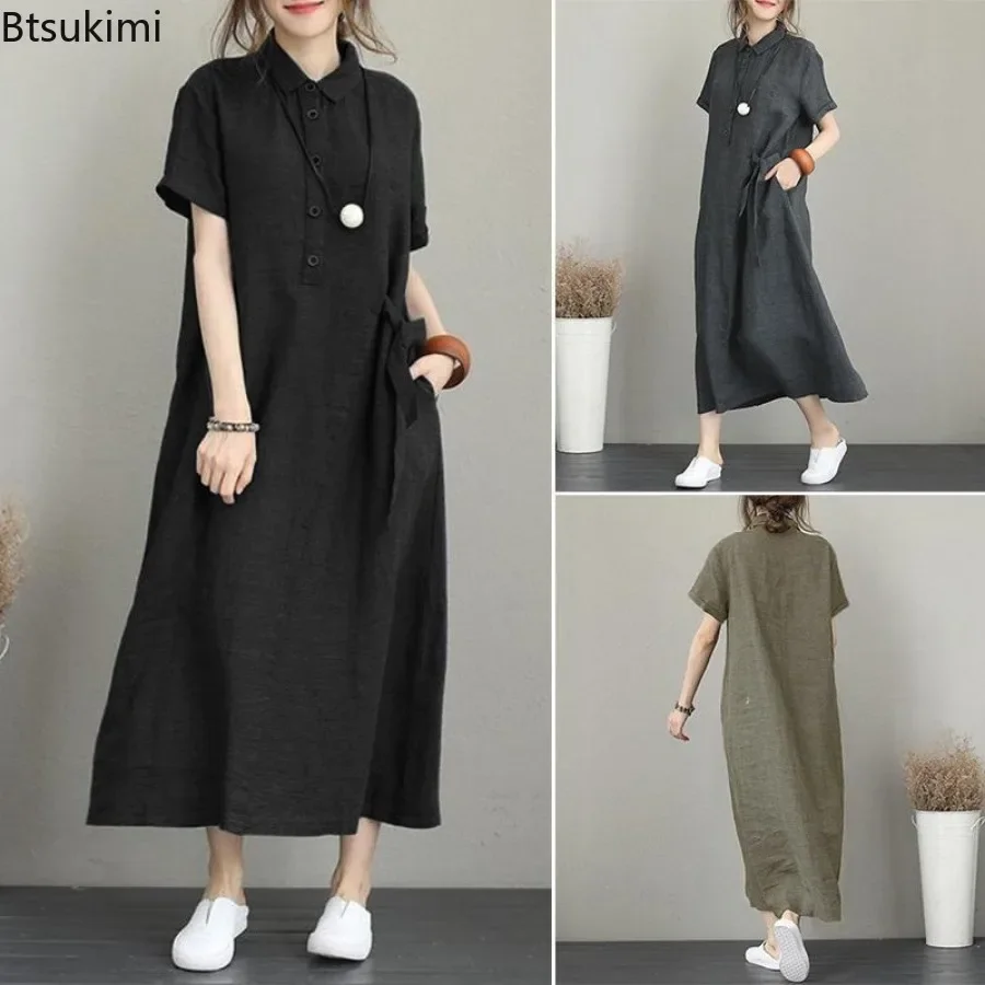 Gaun Musim Panas 2026 Sederhan - Casual Loose Linen Shirt Dress ulasan dan harga