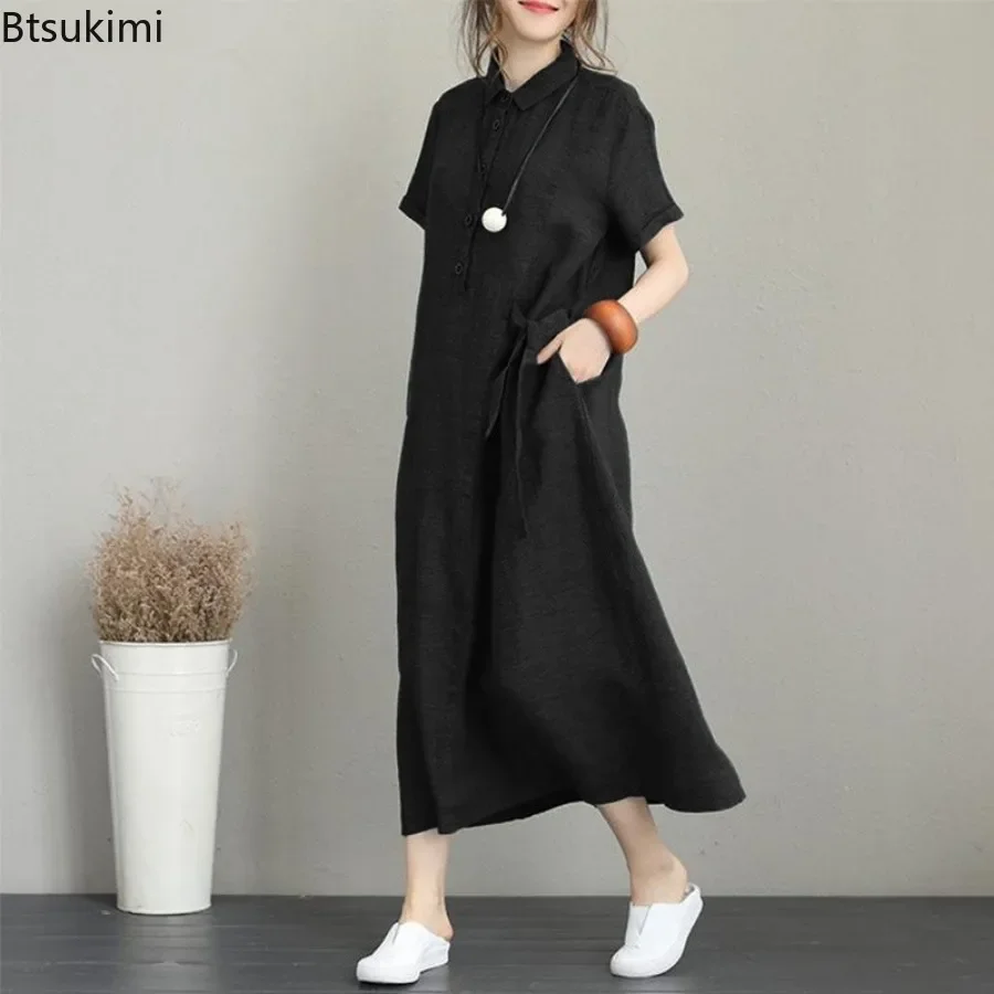 Gaun Musim Panas 2026 Sederhan - Casual Loose Linen Shirt Dress ulasan dan harga
