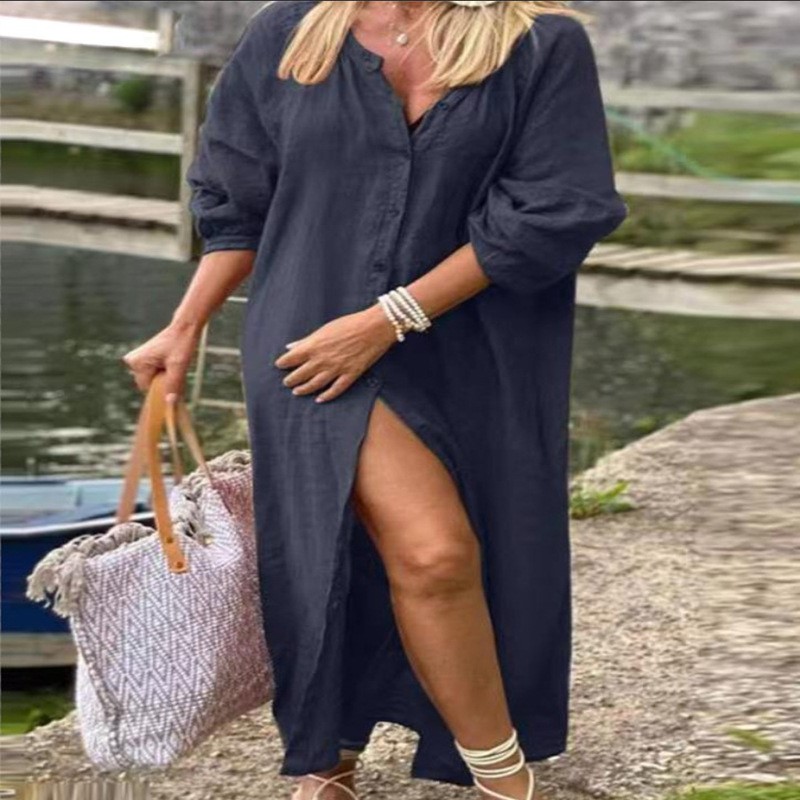Gaun Linen Katun Musim Semi El - Casual Loose Linen Shirt Dress ulasan dan harga