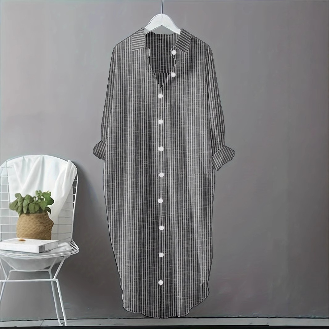 Gaun Kemeja Bergaris Katun Lin - Casual Loose Linen Shirt Dress ulasan dan harga