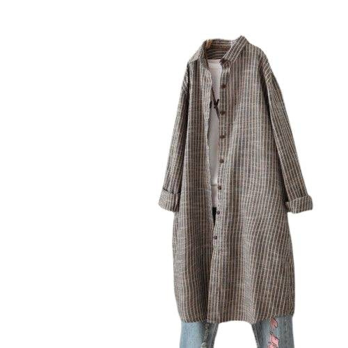 Gaun Kemeja Bergaris Katun Lin - Casual Loose Linen Shirt Dress ulasan dan harga
