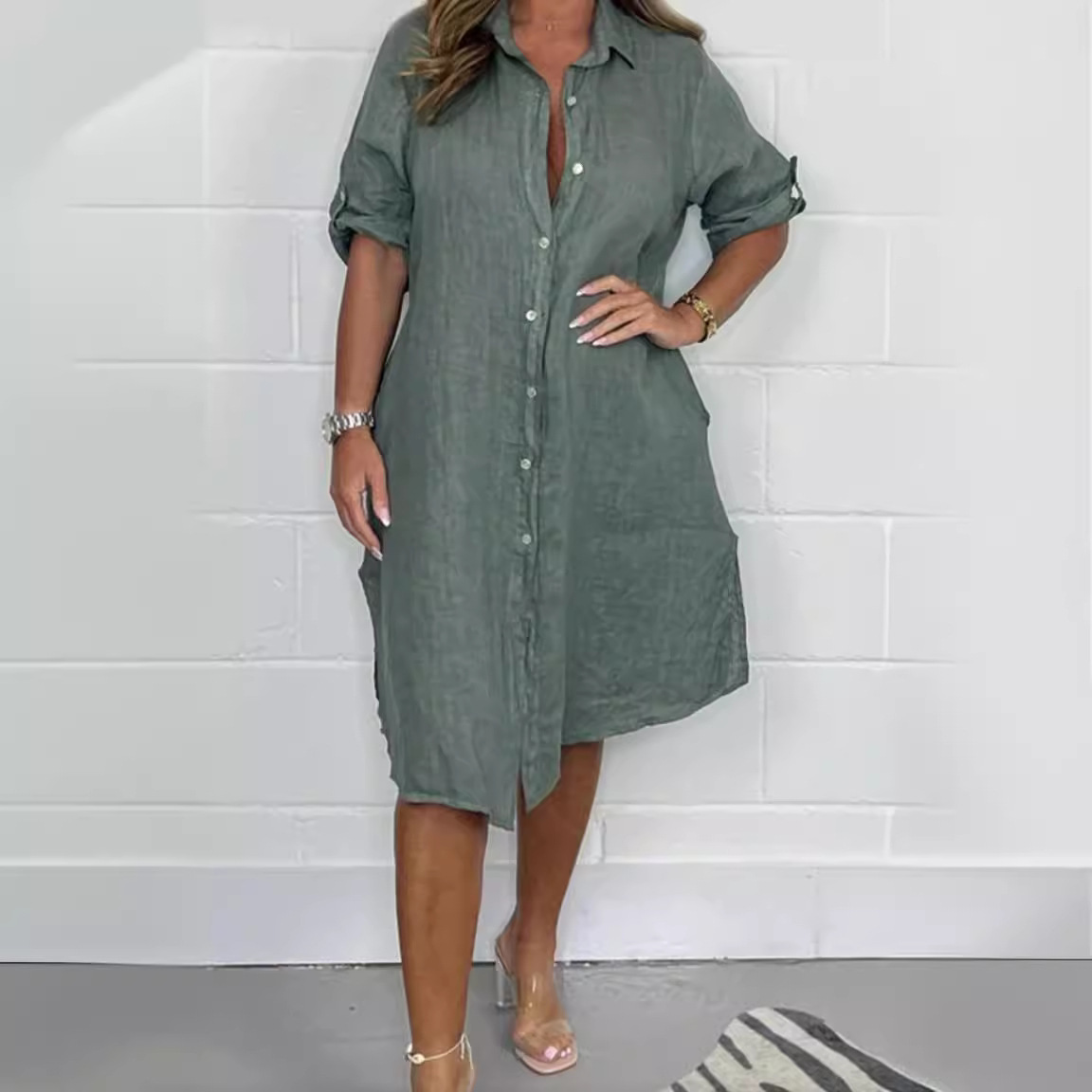 Gaun kemeja lengan 3/4 berbaha - Casual Loose Linen Shirt Dress ulasan dan harga