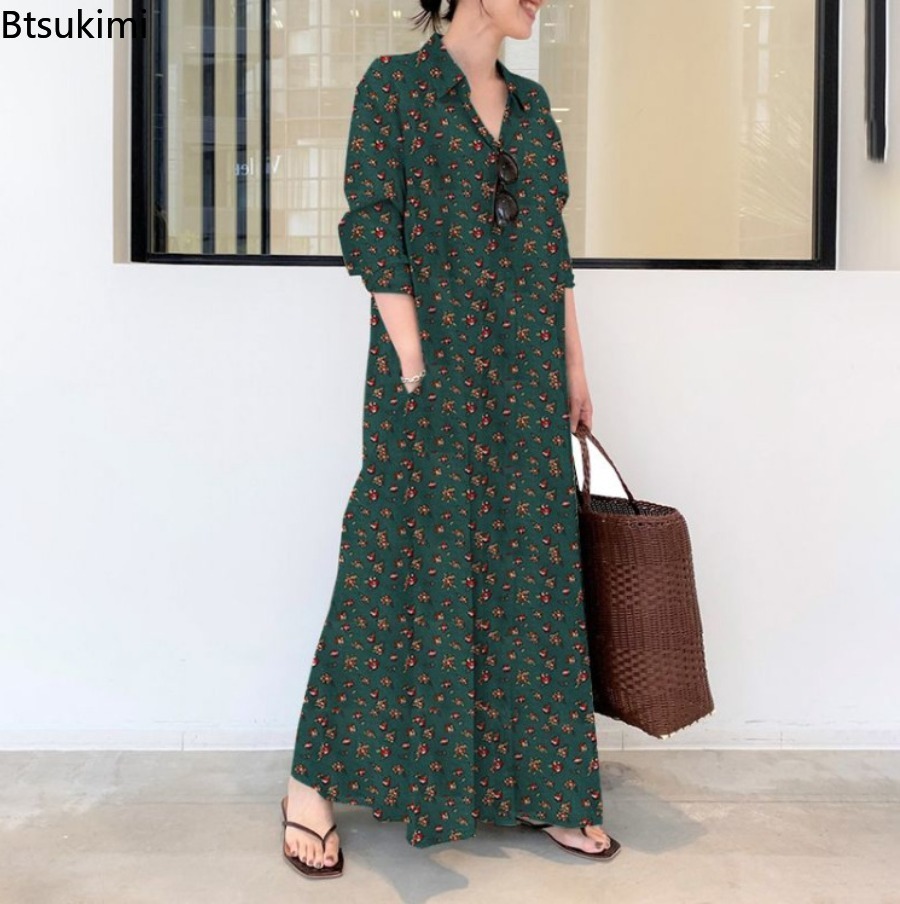 Gaun Kemeja Panjang Motif Baru - Casual Loose Linen Shirt Dress ulasan dan harga
