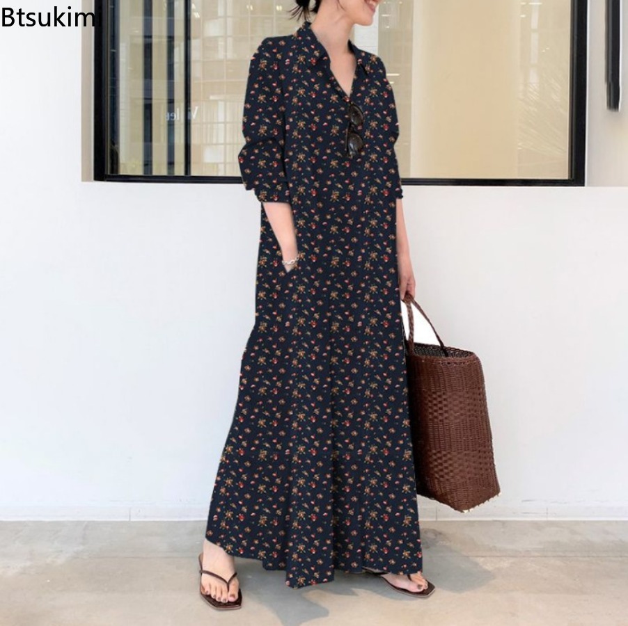 Gaun Kemeja Panjang Motif Baru - Casual Loose Linen Shirt Dress ulasan dan harga