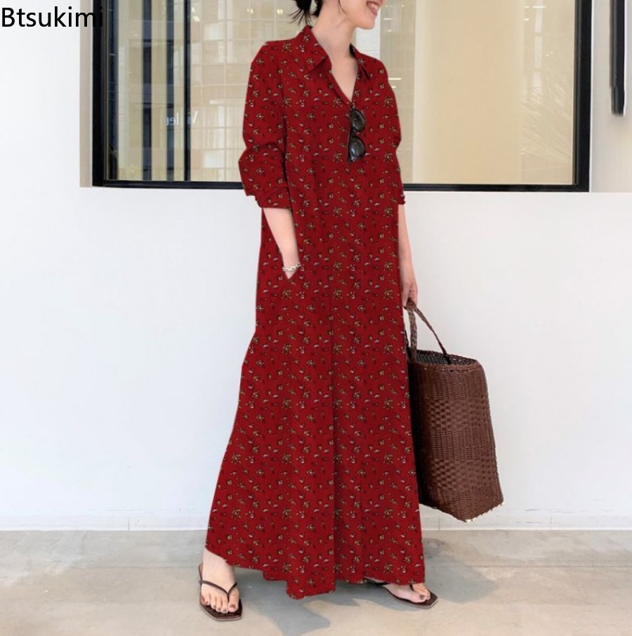 Gaun Kemeja Panjang Motif Baru - Casual Loose Linen Shirt Dress ulasan dan harga