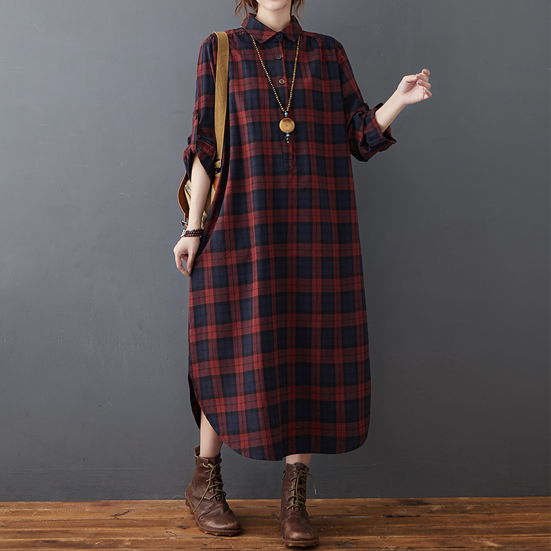 Gaun Linen Katun Wanita Musim  - Casual Loose Linen Shirt Dress ulasan dan harga