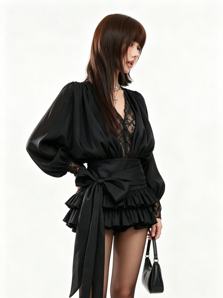Gaun Hitam Sifon Kerah V Lenga - French Vintage Floral Midi Dress ulasan dan harga