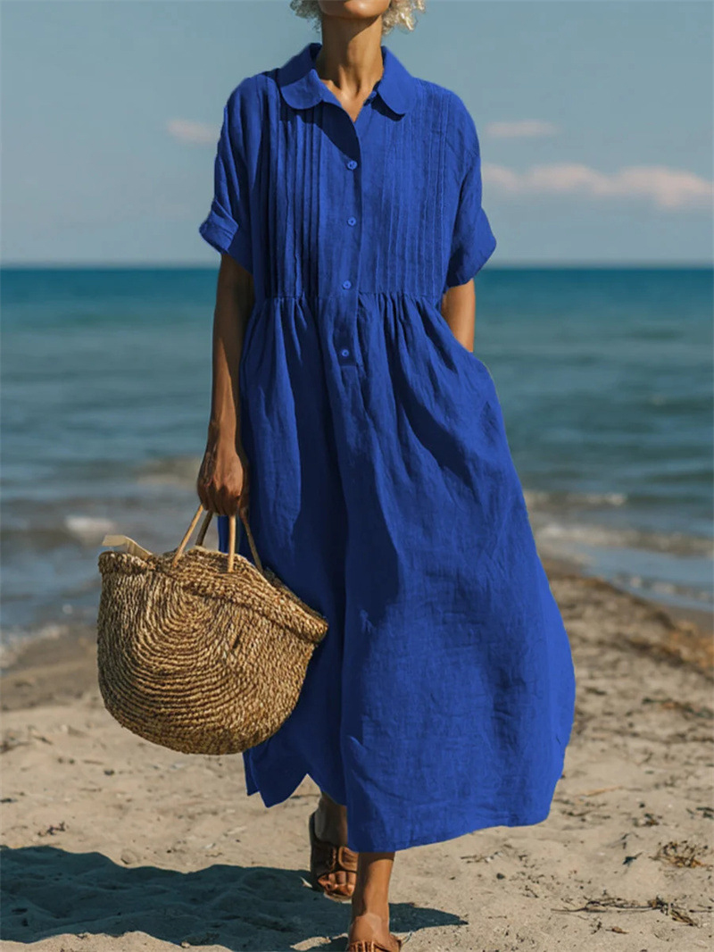 Gaun midi atau maxi dengan ker - Casual Loose Linen Shirt Dress ulasan dan harga