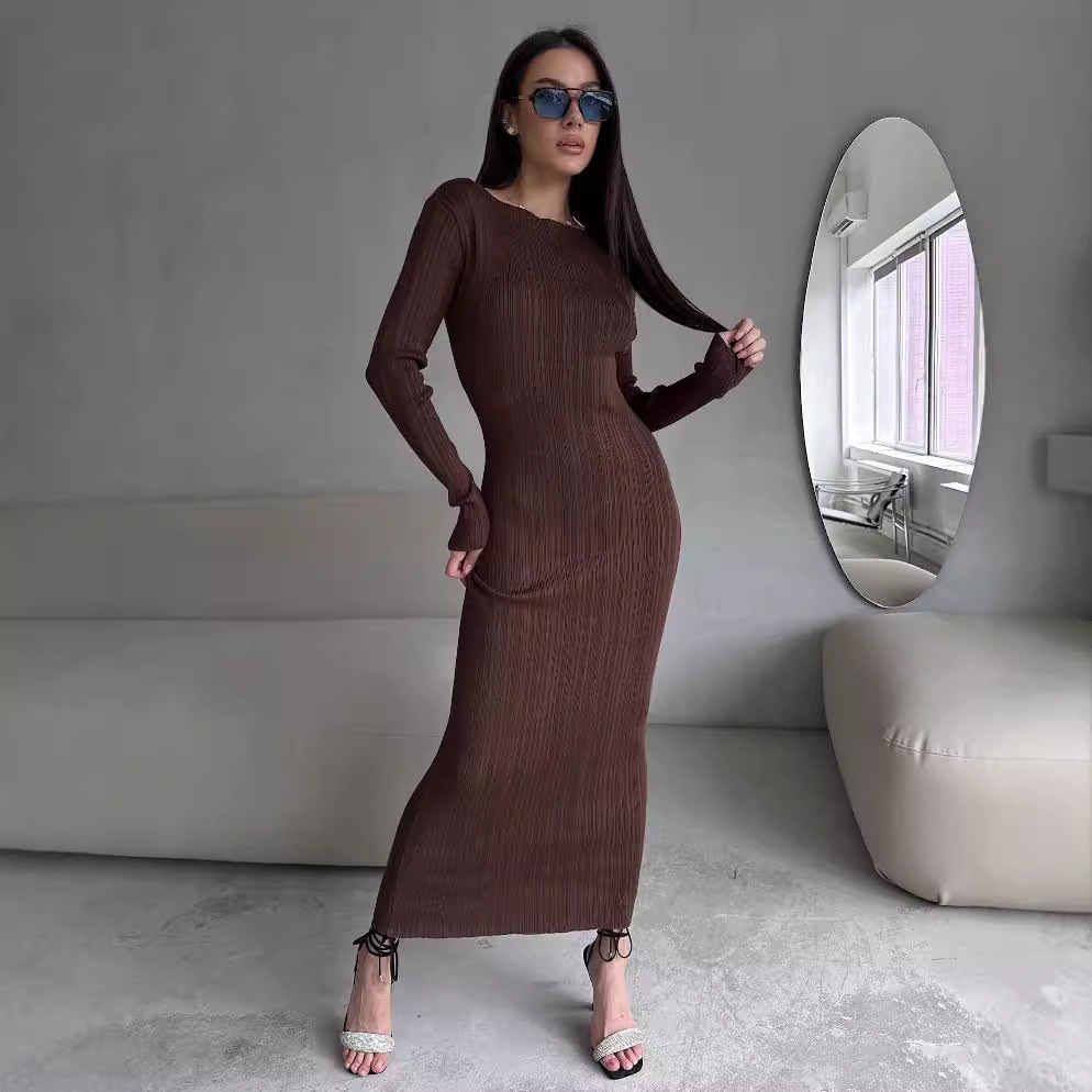 Gaun Maxi Wanita Elegan Kerah  - Bodycon Long Sleeve Ribbed Dress ulasan dan harga