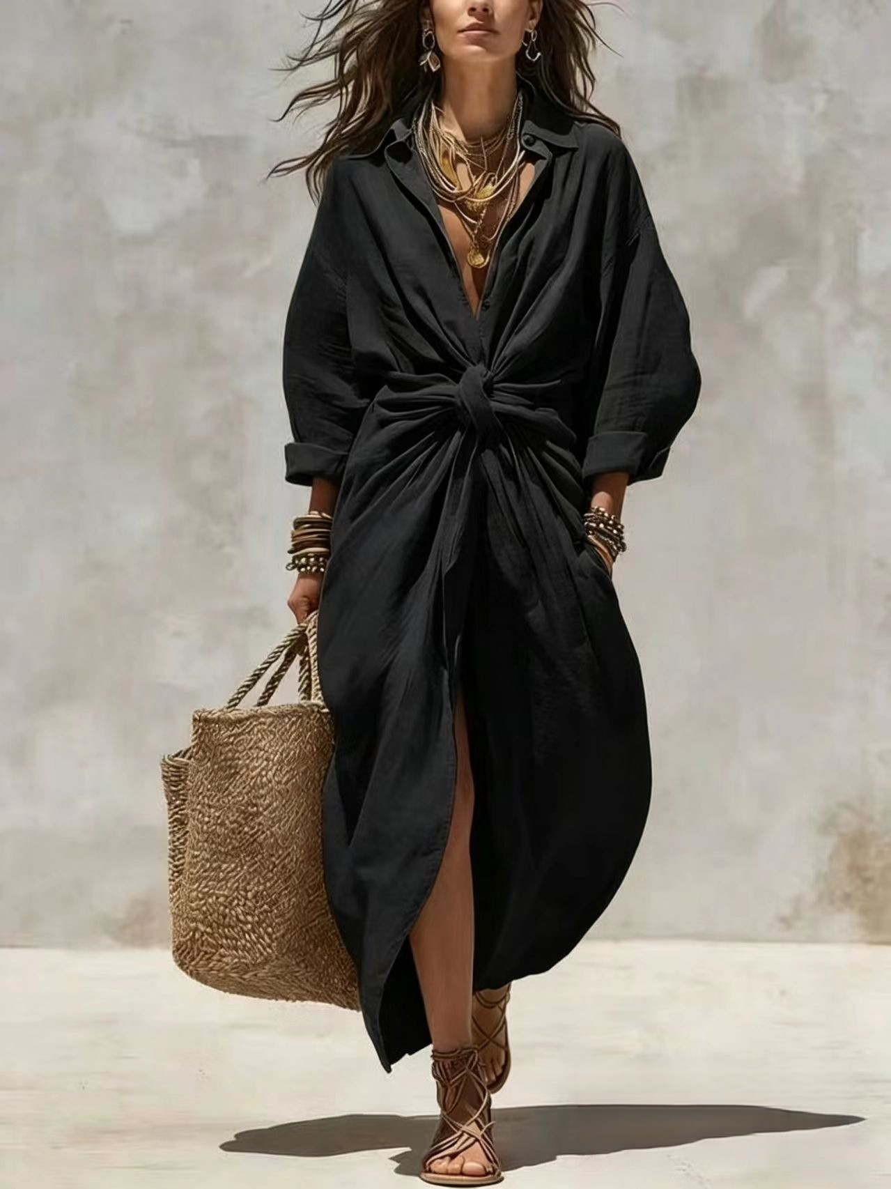 Gaun Kemeja Linen Katun Putih  - Casual Loose Linen Shirt Dress ulasan dan harga