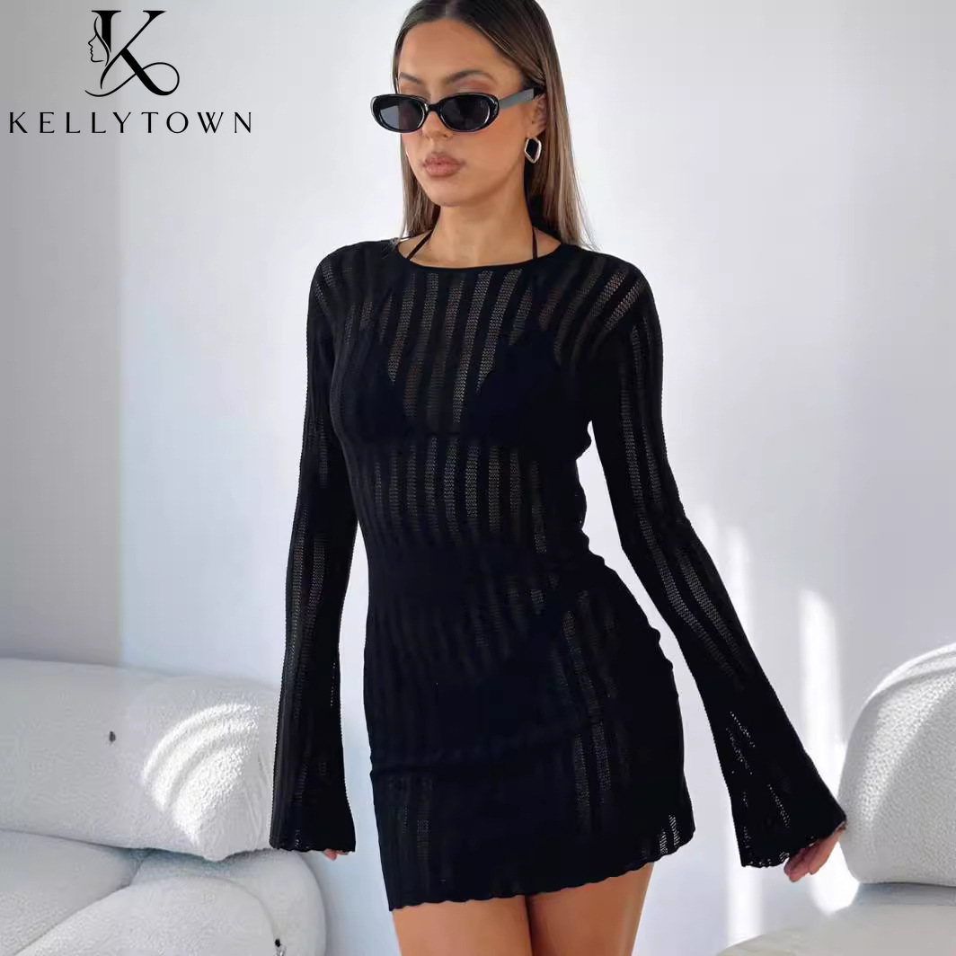 Gaun Tanpa Punggung Seksi Raju - Bodycon Long Sleeve Ribbed Dress ulasan dan harga