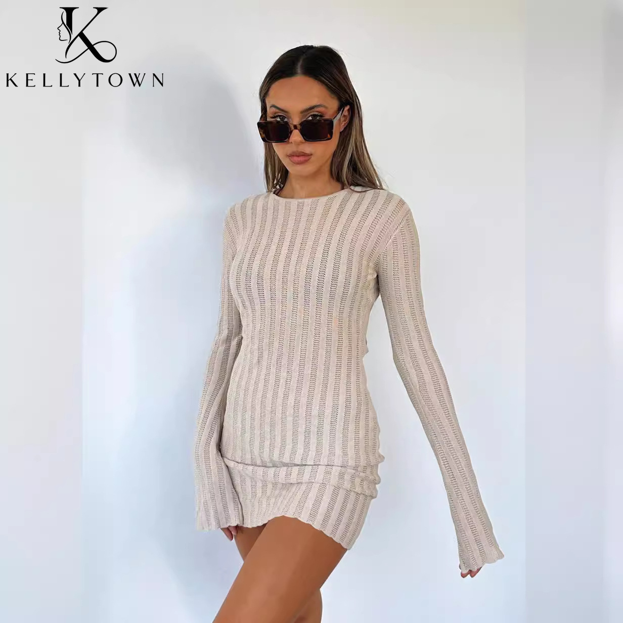 Gaun Tanpa Punggung Seksi Raju - Bodycon Long Sleeve Ribbed Dress ulasan dan harga