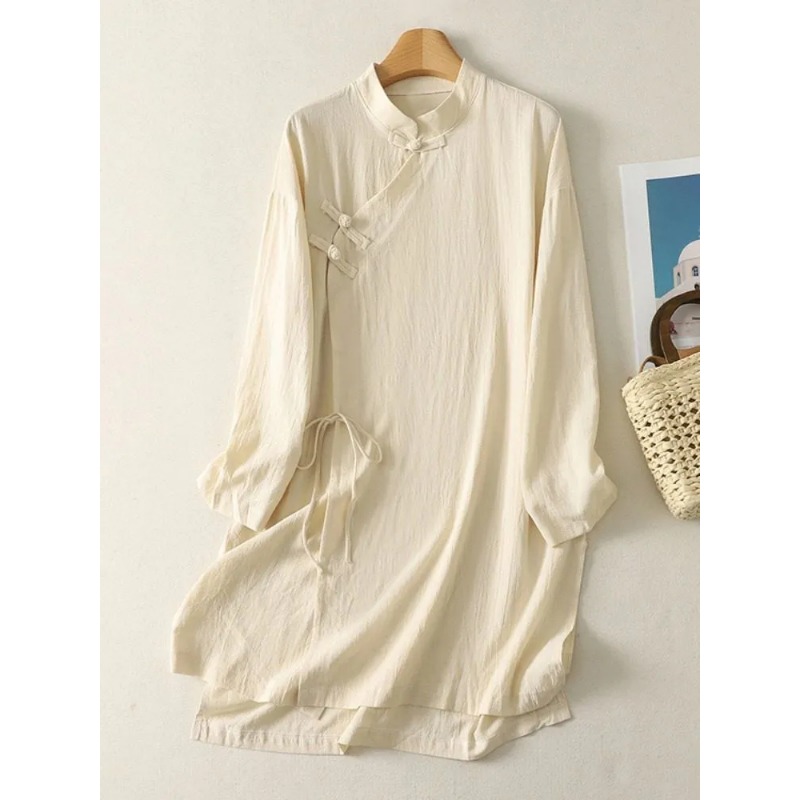 Gaun Tunik Linen Kancing Katak - Casual Loose Linen Shirt Dress ulasan dan harga