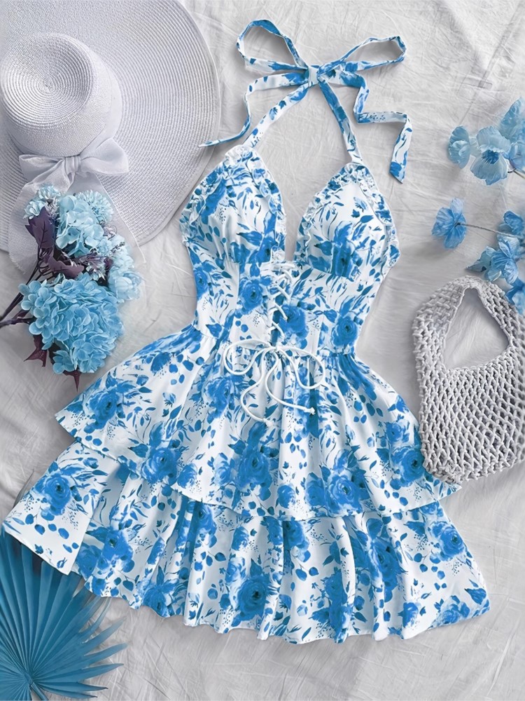Gaun Pendek Retro Gaya Liburan - French Vintage Floral Midi Dress ulasan dan harga