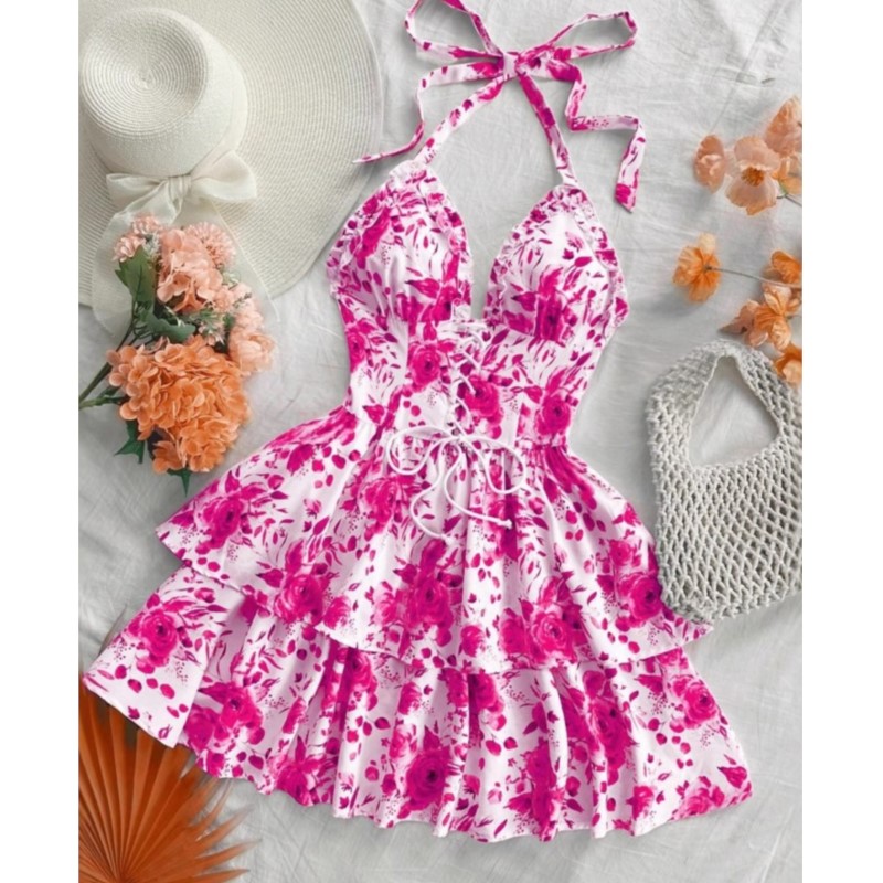 Gaun Pendek Retro Gaya Liburan - French Vintage Floral Midi Dress ulasan dan harga