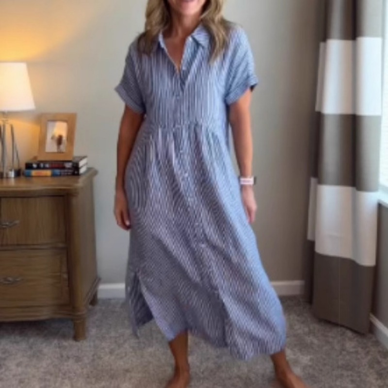 Gaun Kemeja Wanita Bergaris, M - Casual Loose Linen Shirt Dress ulasan dan harga