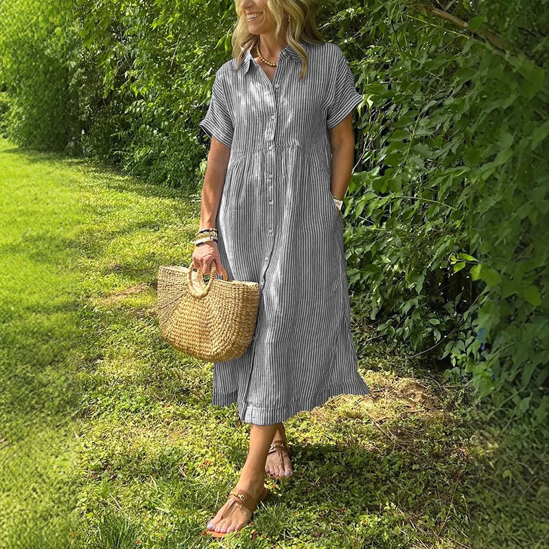 Gaun Kemeja Wanita Bergaris, M - Casual Loose Linen Shirt Dress ulasan dan harga