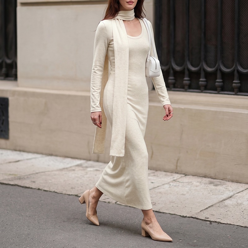 Gaun Maxi Rajut Bergaris Elega - Bodycon Long Sleeve Ribbed Dress ulasan dan harga